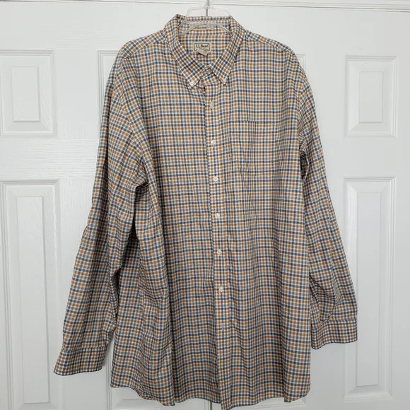 L.L. Bean Button Front Shirt Mens XXL Tall Wrinkle Resistant Casual Biege Plaid - Picture 1 of 5